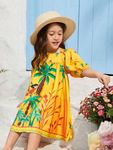 Kids EVERYDAY Young Girl's Knitted Square Neck Cute Pattern Loose Casual Dress