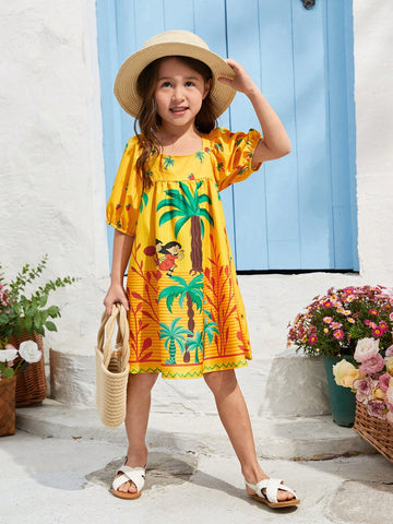Kids EVERYDAY Young Girl's Knitted Square Neck Cute Pattern Loose Casual Dress