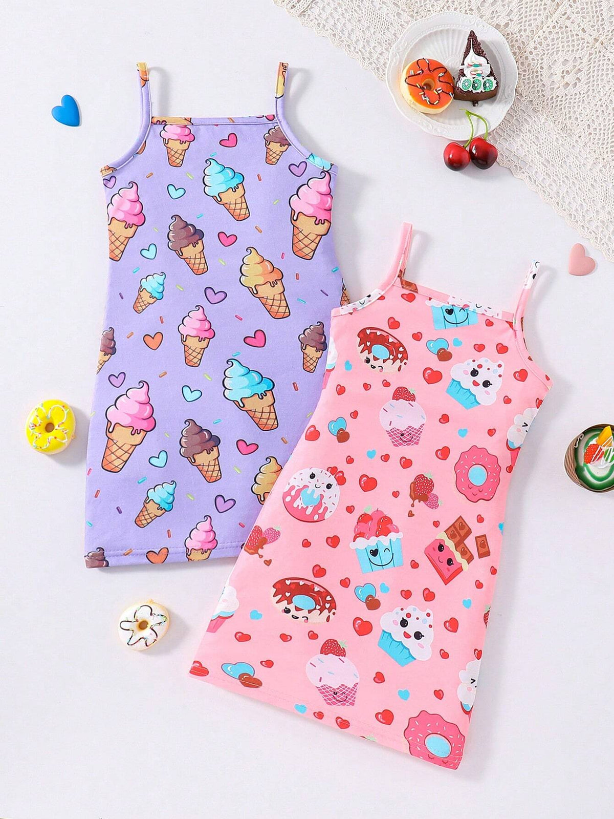 Kids EVRYDAY Young Girls' Sweet Donut & Ice Cream Print Spaghetti Strap Dress For Summer