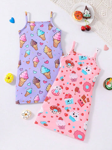 Kids EVRYDAY Young Girls' Sweet Donut & Ice Cream Print Spaghetti Strap Dress For Summer