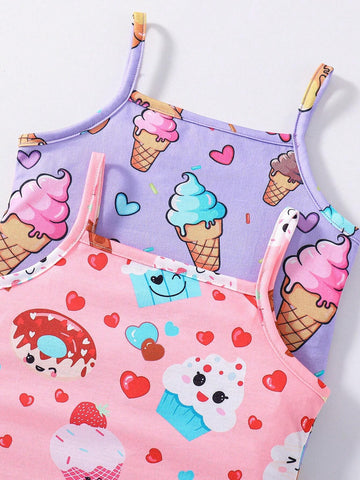 Kids EVRYDAY Young Girls' Sweet Donut & Ice Cream Print Spaghetti Strap Dress For Summer