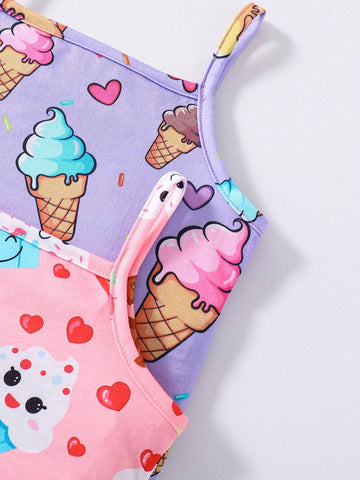 Kids EVRYDAY Young Girls' Sweet Donut & Ice Cream Print Spaghetti Strap Dress For Summer
