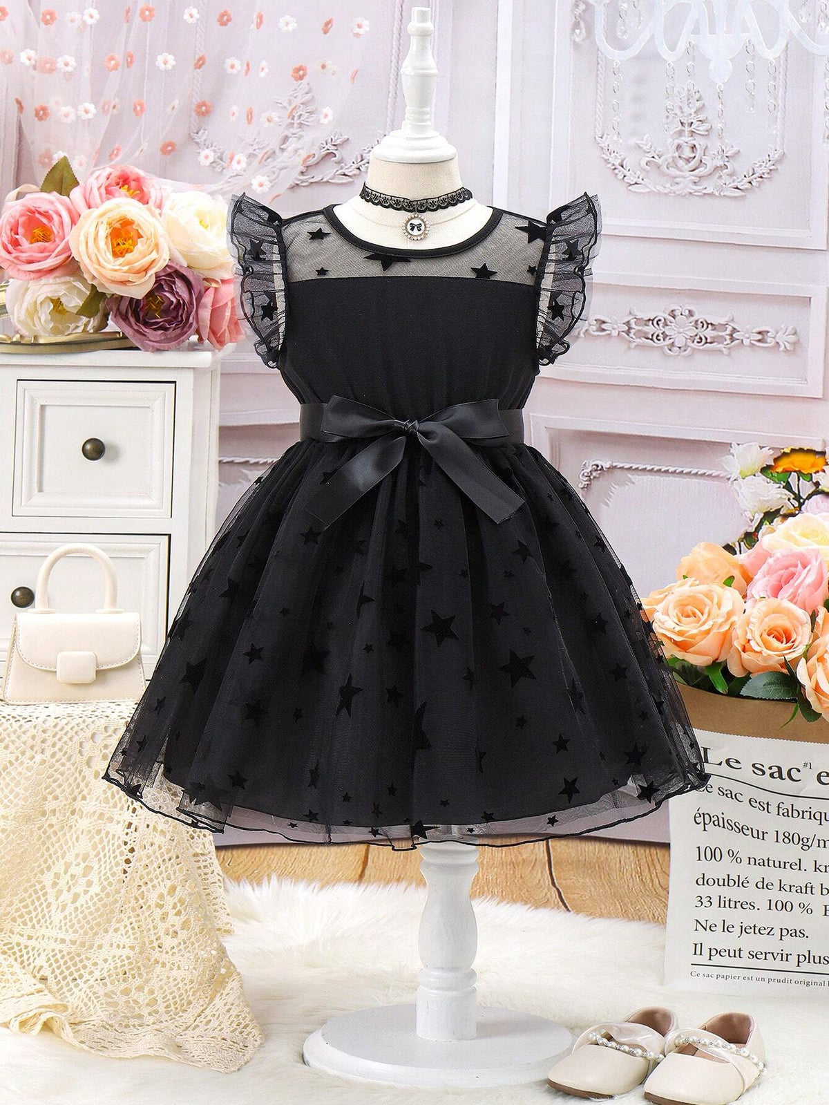 Kids EVRYDAY Young Girls' Velvet Star Belt Mesh Overlay Dress