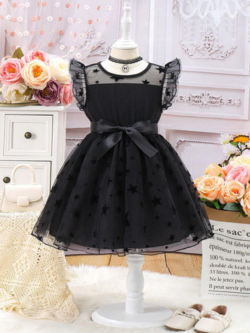 Kids EVRYDAY Young Girls' Velvet Star Belt Mesh Overlay Dress