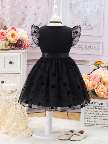 Kids EVRYDAY Young Girls' Velvet Star Belt Mesh Overlay Dress