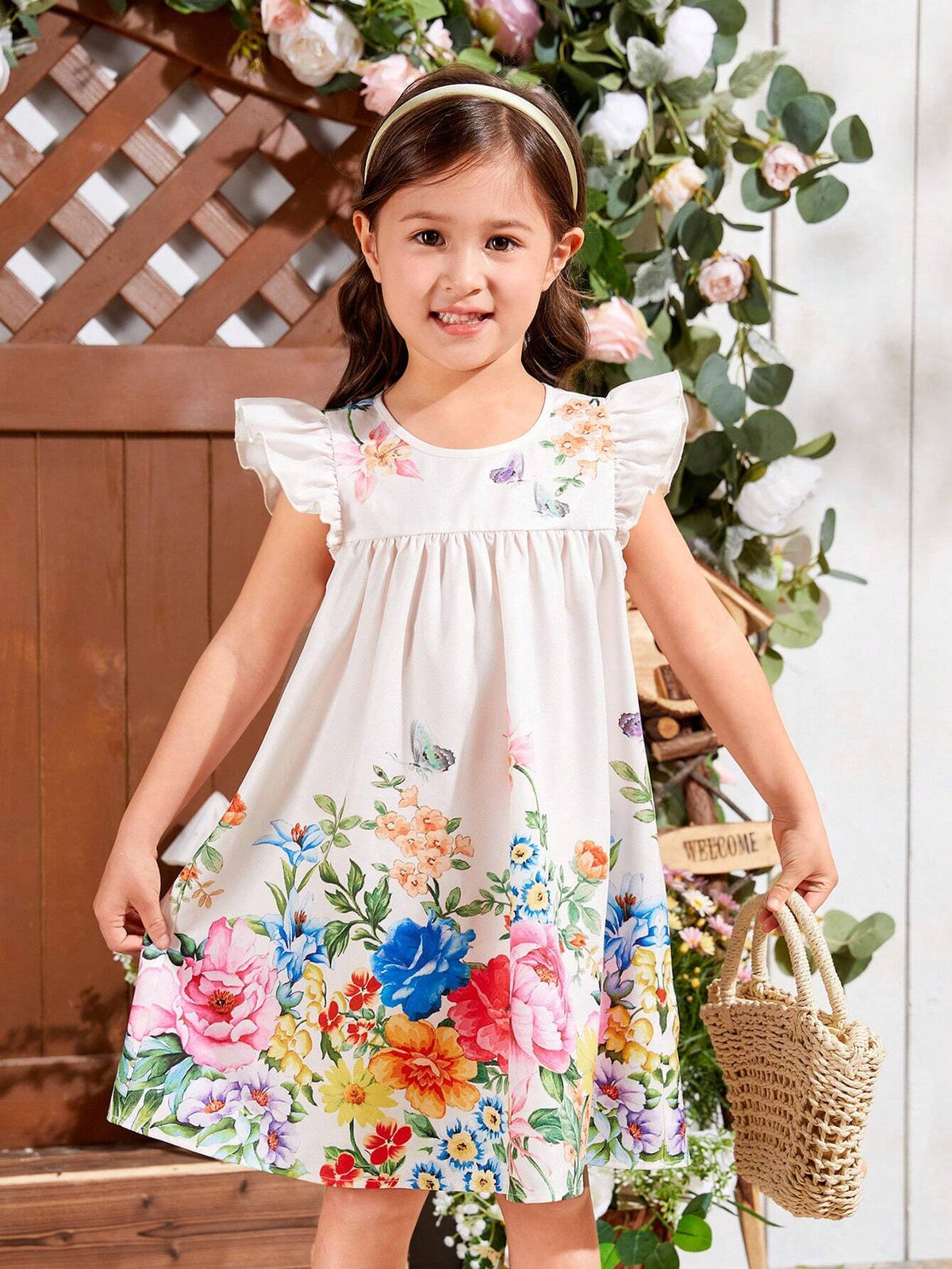 Kids EVRYDAY Young Girls' Woven Floral Print Loose Casual Flying Sleeve Round Neckline A-Line Dress