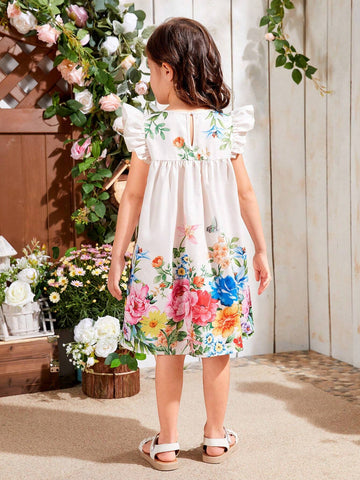 Kids EVRYDAY Young Girls' Woven Floral Print Loose Casual Flying Sleeve Round Neckline A-Line Dress