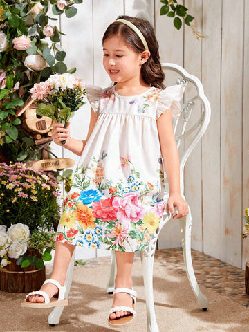Kids EVRYDAY Young Girls' Woven Floral Print Loose Casual Flying Sleeve Round Neckline A-Line Dress