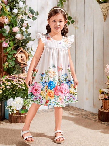 Kids EVRYDAY Young Girls' Woven Floral Print Loose Casual Flying Sleeve Round Neckline A-Line Dress