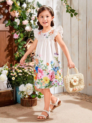 Kids EVRYDAY Young Girls' Woven Floral Print Loose Casual Flying Sleeve Round Neckline A-Line Dress