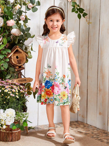 Kids EVRYDAY Young Girls' Woven Floral Print Loose Casual Flying Sleeve Round Neckline A-Line Dress