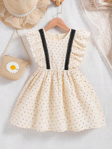 Kids FANZEY Little Girls' Polka Dot Print Woven Dress With Ruffle Trimmed Hem, Spring/Summer