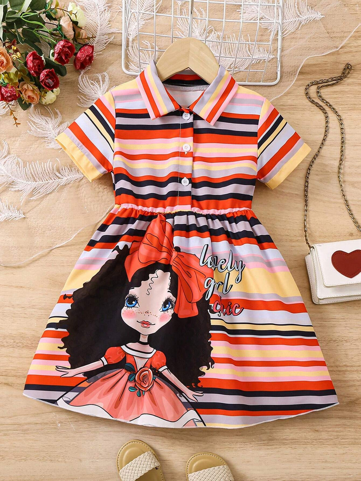 Kids FANZEY Young Girl Cartoon Figure And Striped Print Half Button Placket Dress