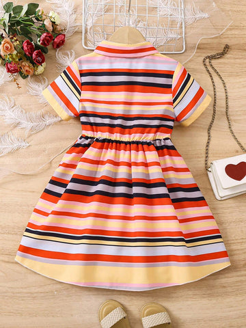 Kids FANZEY Young Girl Cartoon Figure And Striped Print Half Button Placket Dress