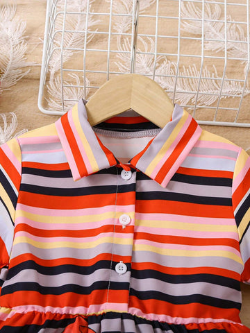 Kids FANZEY Young Girl Cartoon Figure And Striped Print Half Button Placket Dress