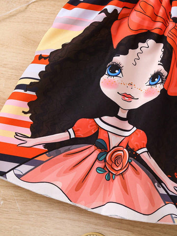 Kids FANZEY Young Girl Cartoon Figure And Striped Print Half Button Placket Dress