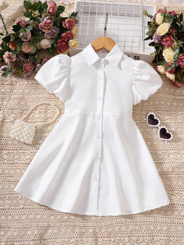 Kids FANZEY Young Girl Solid White Elegant Urban Minimalist Fashion Dress With Turn-down Collar And Puff Sleeves For Summer