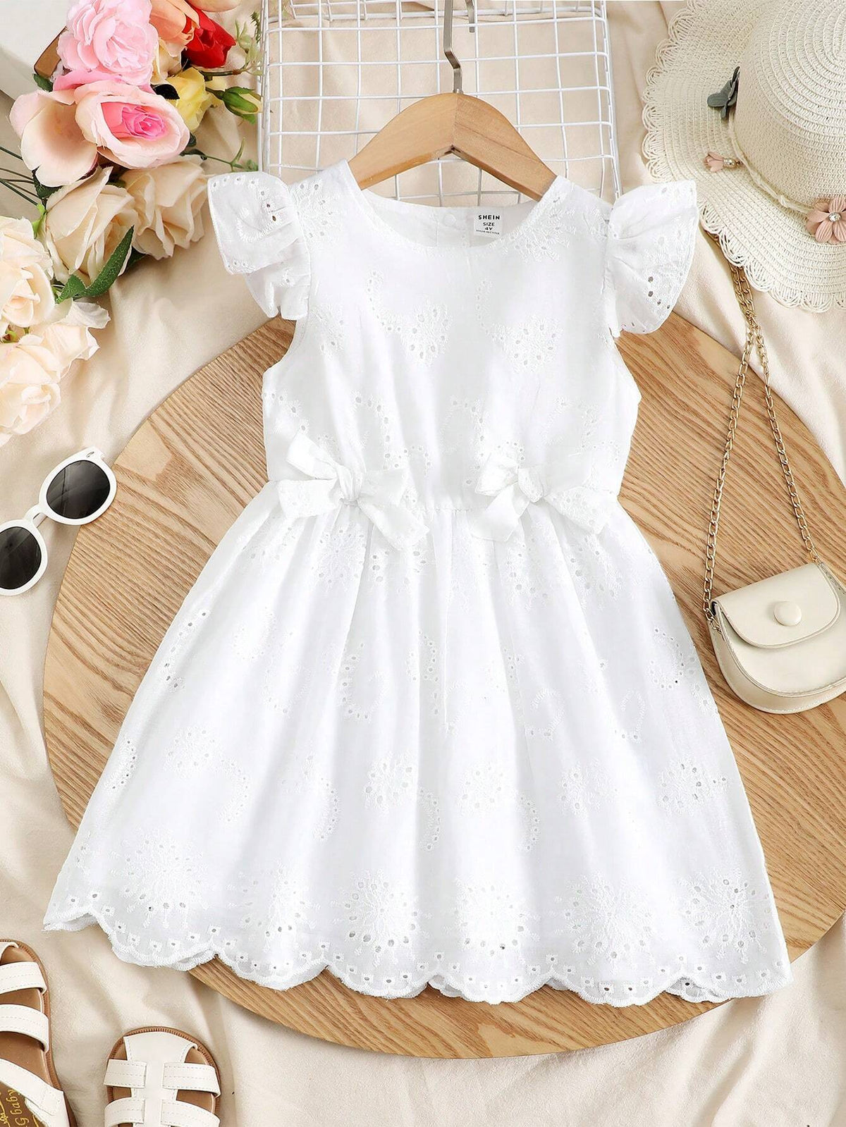 Kids FANZEY Young Girl's Elegant Lace Trimmed Flying Sleeve A-Line Dress
