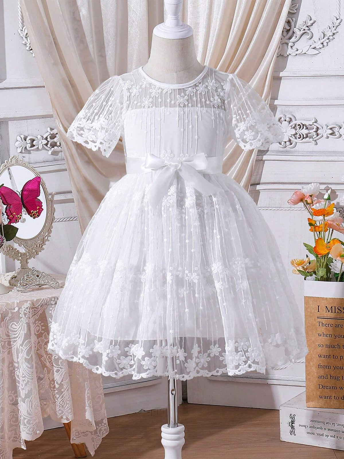 Kids FANZEY Young Girls' Round Neck Floral Mesh Short Sleeve Dress
