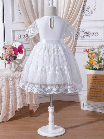 Kids FANZEY Young Girls' Round Neck Floral Mesh Short Sleeve Dress