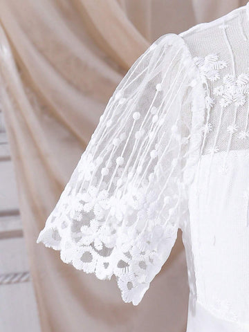 Kids FANZEY Young Girls' Round Neck Floral Mesh Short Sleeve Dress