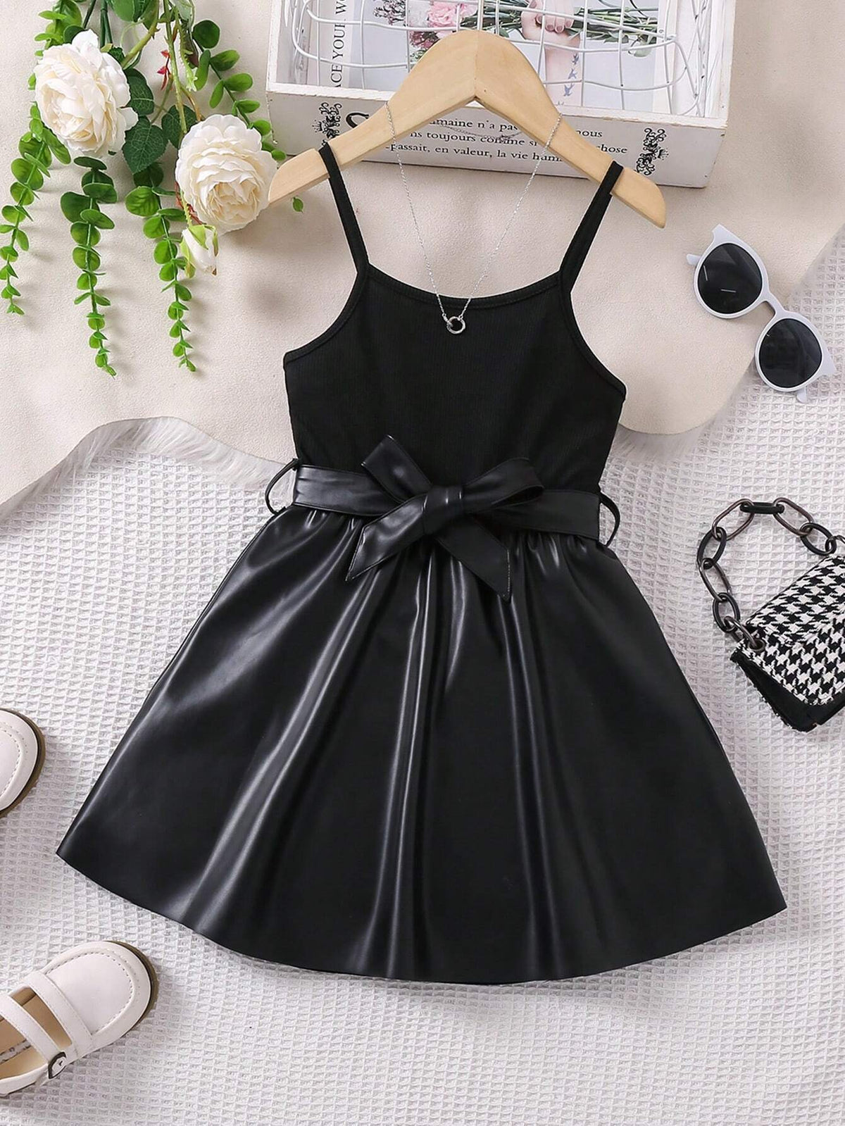Kids HYPEME Young Girl Pu Patchwork Spaghetti Strap Dress