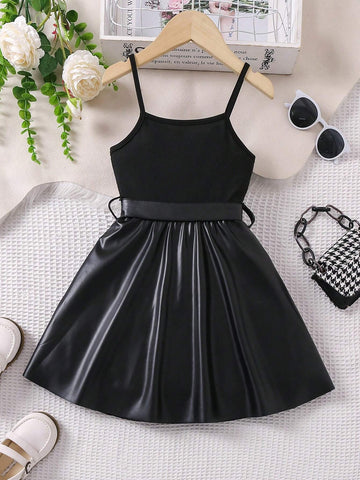 Kids HYPEME Young Girl Pu Patchwork Spaghetti Strap Dress