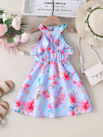 Kids HYPEME Young Girl's Floral Printed Halter Neck Ruffle Hem Dress