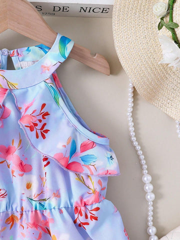 Kids HYPEME Young Girl's Floral Printed Halter Neck Ruffle Hem Dress