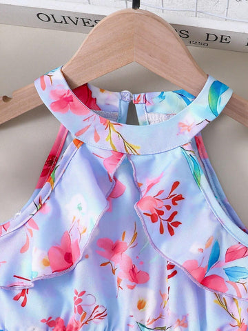 Kids HYPEME Young Girl's Floral Printed Halter Neck Ruffle Hem Dress