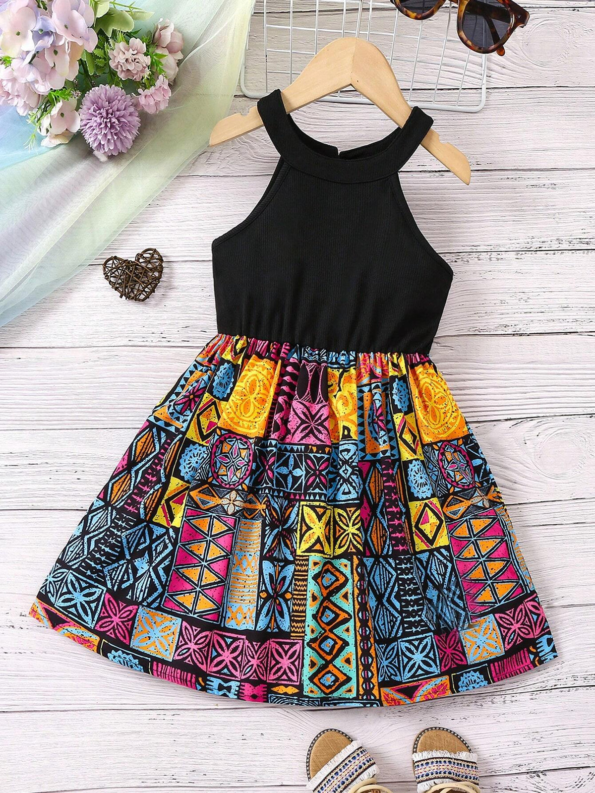Kids HYPEME Young Girl's Holiday Print Splice Halter Neck Maxi Dress