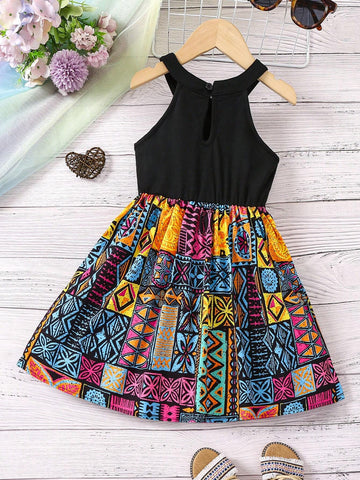 Kids HYPEME Young Girl's Holiday Print Splice Halter Neck Maxi Dress