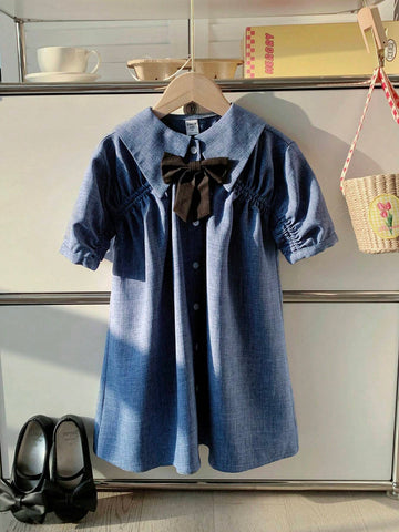 Kids KDOMO Young Girl Loose Cute Large Lapel Drop Shoulder Pleated Design Mid-Length Color Block Bowknot Dress