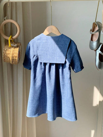 Kids KDOMO Young Girl Loose Cute Large Lapel Drop Shoulder Pleated Design Mid-Length Color Block Bowknot Dress