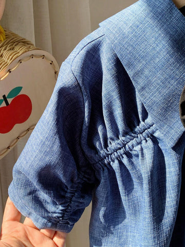 Kids KDOMO Young Girl Loose Cute Large Lapel Drop Shoulder Pleated Design Mid-Length Color Block Bowknot Dress