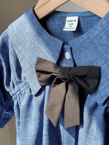 Kids KDOMO Young Girl Loose Cute Large Lapel Drop Shoulder Pleated Design Mid-Length Color Block Bowknot Dress