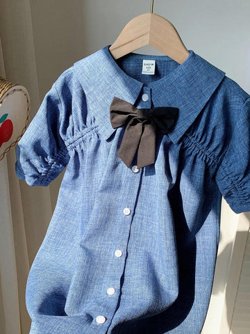 Kids KDOMO Young Girl Loose Cute Large Lapel Drop Shoulder Pleated Design Mid-Length Color Block Bowknot Dress