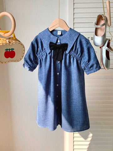 Kids KDOMO Young Girl Loose Cute Large Lapel Drop Shoulder Pleated Design Mid-Length Color Block Bowknot Dress