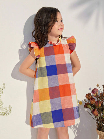 Kids KDOMO Young Girl Plaid Print Ruffle Trim Dress