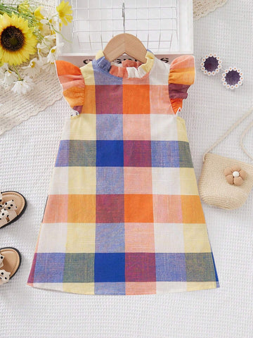 Kids KDOMO Young Girl Plaid Print Ruffle Trim Dress