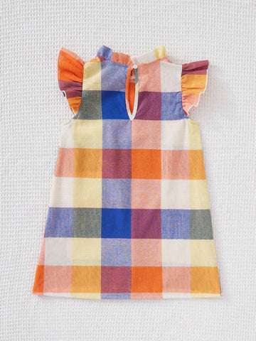 Kids KDOMO Young Girl Plaid Print Ruffle Trim Dress