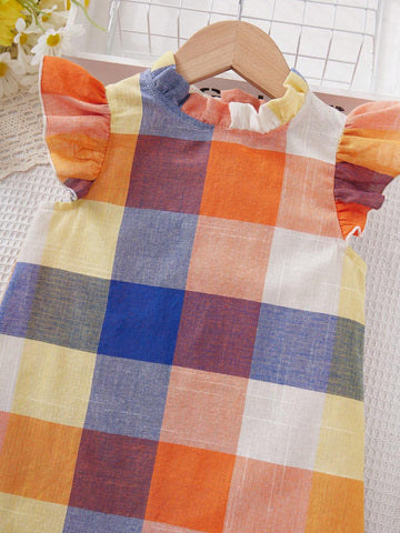 Kids KDOMO Young Girl Plaid Print Ruffle Trim Dress