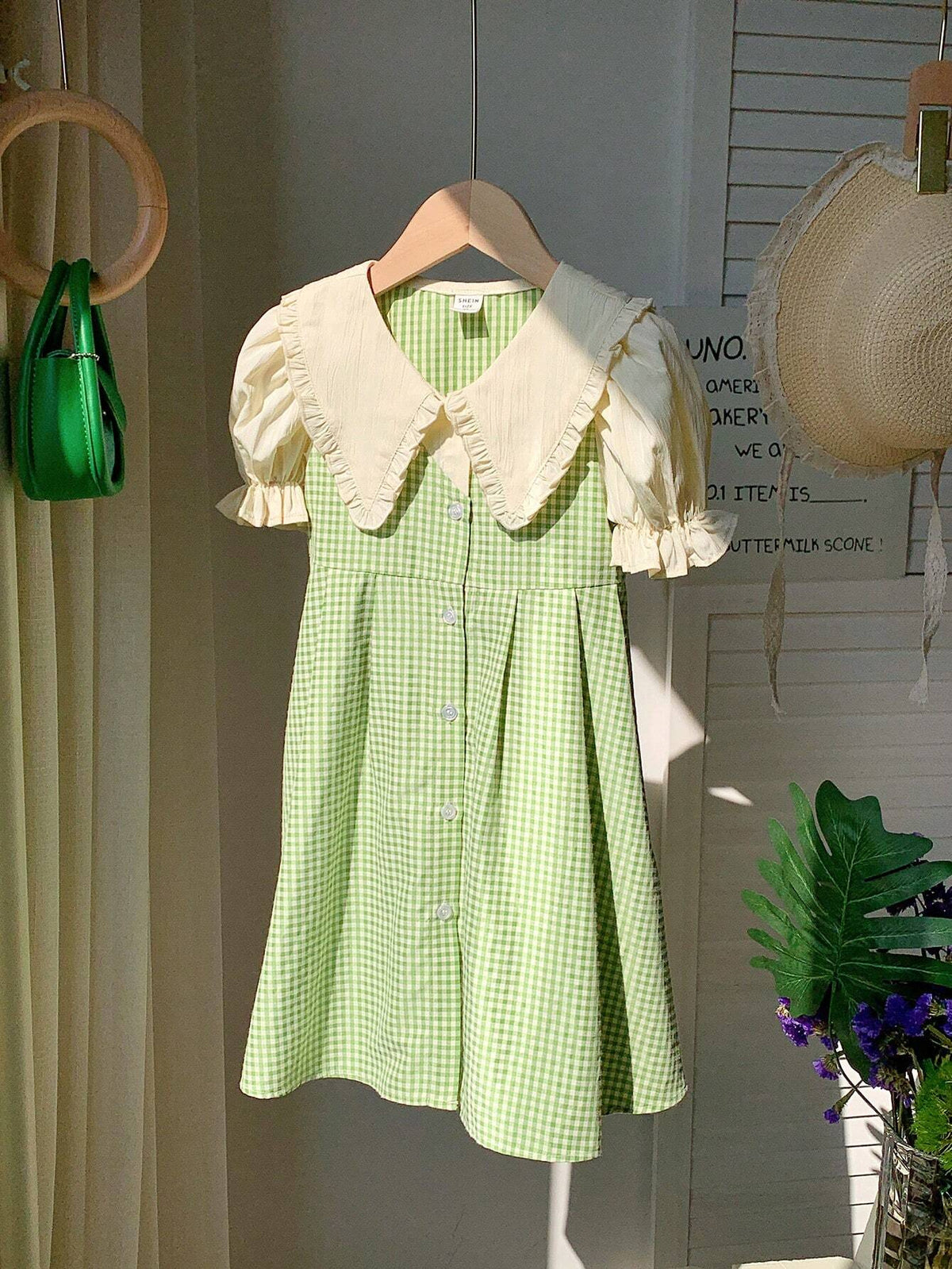 Kids KDOMO Young Girls' Lovely Plaid Dress With Big Turn-Down Collar, Ruffle Hem And Balloon Sleeves