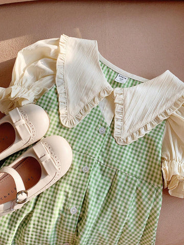 Kids KDOMO Young Girls' Lovely Plaid Dress With Big Turn-Down Collar, Ruffle Hem And Balloon Sleeves