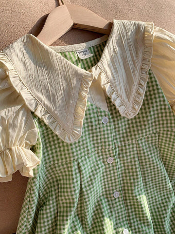 Kids KDOMO Young Girls' Lovely Plaid Dress With Big Turn-Down Collar, Ruffle Hem And Balloon Sleeves