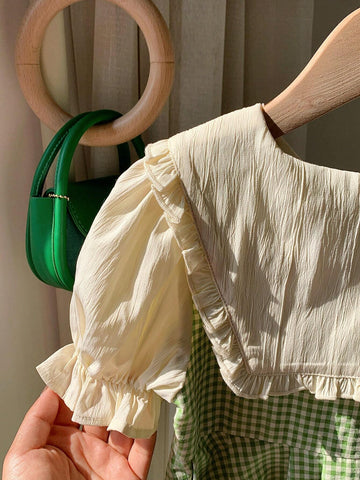 Kids KDOMO Young Girls' Lovely Plaid Dress With Big Turn-Down Collar, Ruffle Hem And Balloon Sleeves