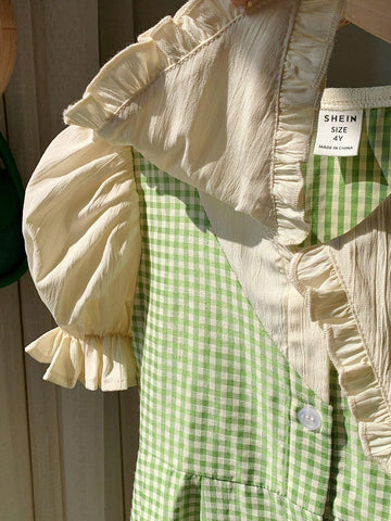 Kids KDOMO Young Girls' Lovely Plaid Dress With Big Turn-Down Collar, Ruffle Hem And Balloon Sleeves