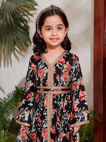 Kids Nujoom Little Girls' Floral Printed Ribbon Patchwork Dress