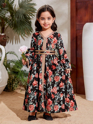 Kids Nujoom Little Girls' Floral Printed Ribbon Patchwork Dress