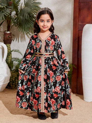 Kids Nujoom Little Girls' Floral Printed Ribbon Patchwork Dress